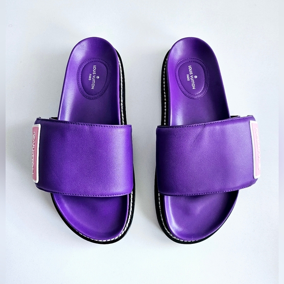 New Unused Louis Vuitton Sunset Flat Purple Leather Slides EU 37 - Picture 2 of 9